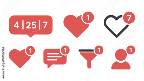 Social media interaction vector icons, set of likes, comments, followers, notifications, and buttons, modern flat design, ideal for apps, websites, and marketing visuals.