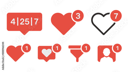 Social media interaction vector icons, set of likes, comments, followers, notifications, and buttons, modern flat design, ideal for apps, websites, and marketing visuals.