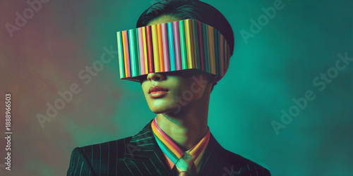Portrait of a futuristic woman wearing a colorful visor covering her eyes. Modern fashion and technology concept exploring identity, digital vision, innovation, and cyber style in a vibrant neon atmos