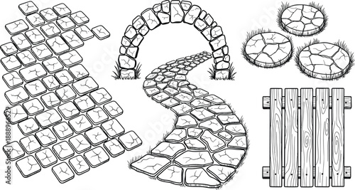 Hand drawn garden path elements set, stone walkway, arch, stepping stones, wooden bridge, landscaping design, black and white illustration
