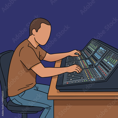 Sound Engineer Working on Audio Mixer Console.