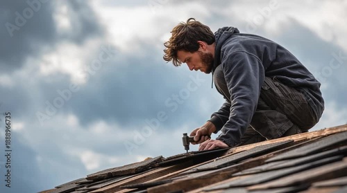 Man repairing roof shingles under a cloudy sky, focused on his work. The scene shows practical home maintenance, construction skill, and realistic outdoor repair activity.
