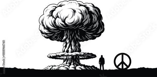Black and white nuclear explosion illustration with peace symbol, human silhouette, anti war concept, global conflict, hope versus destruction