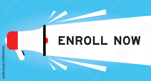 Color megaphone icon with word enroll now in white banner on blue background