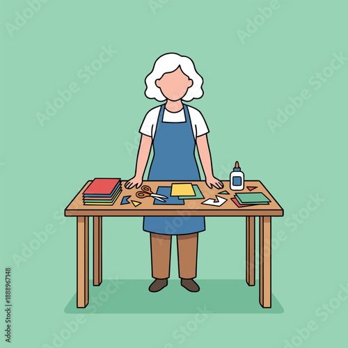 Woman crafting at a table with various art supplies.