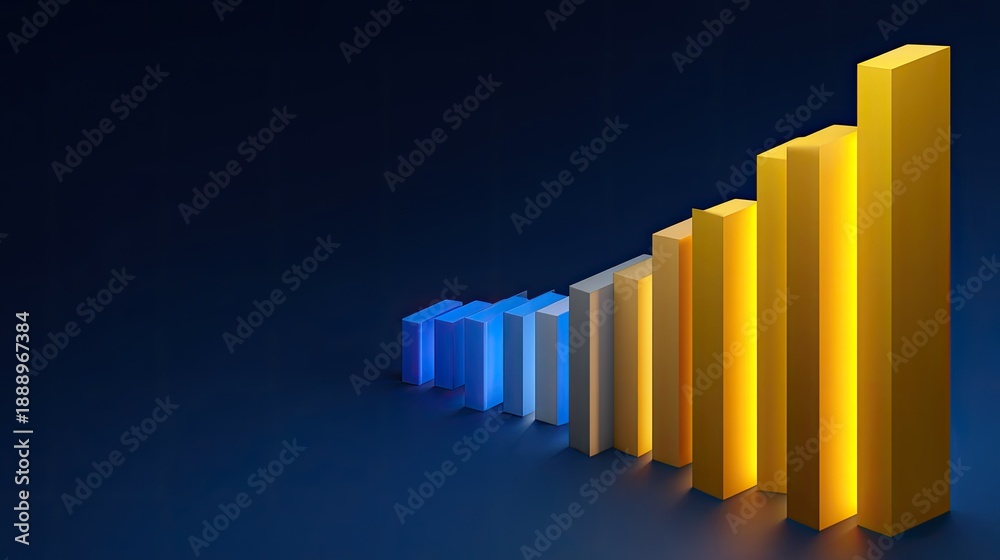 Fototapeta premium Stylish 3D Bar Graph Illustration in Blue, Yellow, and Gray against Dark Background Representing Rising Trends and Growth in Business and Finances