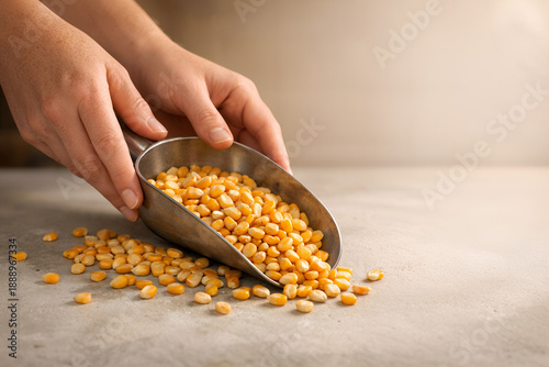 Golden Harvest: A pair of hands tenderly cradles a silver scoop overflowing with glistening corn kernels, showcasing the beauty of the harvest. A celebration of abundance.