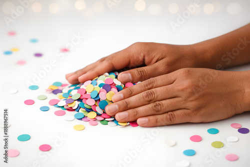Hands and Colorful Confetti: Two hands cradle a vibrant assortment of confetti, symbolizing celebration and festivity. A picture of pure joy and fun.