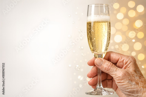 Champagne Toast of Celebration: A hand delicately holds a flute brimming with champagne, its effervescence mirrored by the soft glow of festive lights in the background.