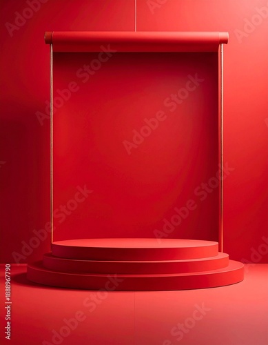 Dynamic Red Podium Display with Dramatic Backlit Curtain, Ready for Captivating Product Reveals