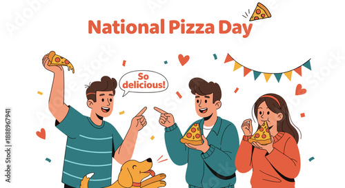 Group of people enjoying pizza with a dog, celebrating National Pizza Day, ideal for food promotion and social media marketing