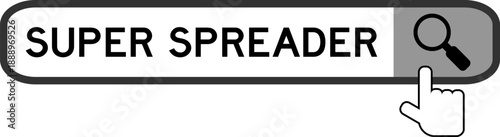 Search banner in word super spreader with hand over magnifier icon on white background