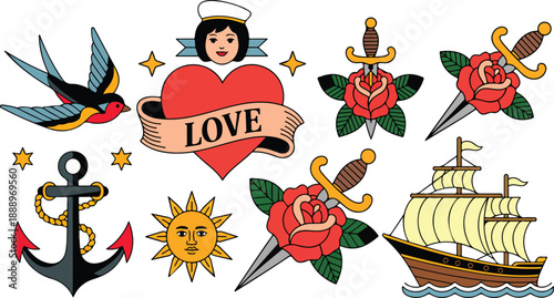 Vintage Tattoo Icon Pack Sailor Girl, Roses, Anchors, and Nautical Symbols