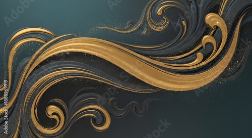 An elegant gold swirling pattern on a dark teal background illustration viewed from directly above showcases intricate designs