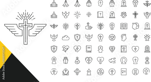 Christian Religious Icon Set Featuring Crosses Wings Bibles Praying Hands Churches Gravestones And Doves In Thin Line Art Style For Spiritual Faith And Church Design