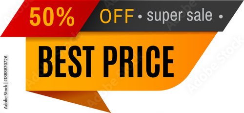 Vibrant yellow and red banner proudly proclaims a super sale with the best price, offering a fifty percent discount. Don't miss out on this amazing deal.