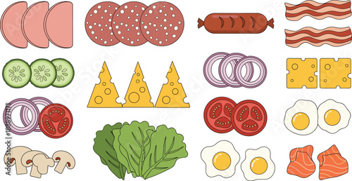 Sandwich ingredients vector set with meat cheese vegetables eggs and bread toppings isolated on white for food menu recipe and cooking desig