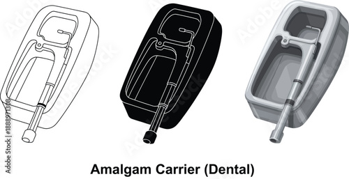 Collection of dental amalgam carrier icons in outline silhouette and realistic styles representing a medical instrument for dentistry isolated on white