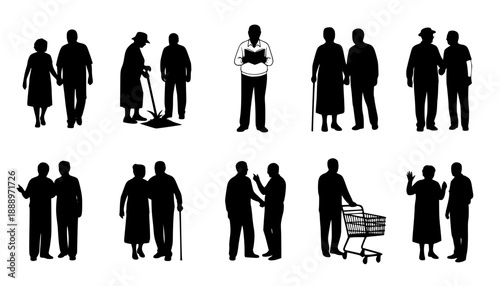 A vector collection of black silhouettes featuring elderly people, senior couples, and individuals in various daily life poses and activities.
