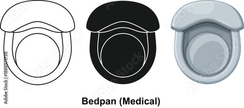 Set of three bedpan icons including outline silhouette and realistic styles for medical and healthcare concepts