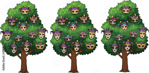 Three green trees decorated with purple and gold venetian carnival masks isolated on white background for mardi gras festival design,