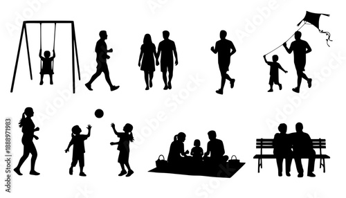 People different ages doing outdoors activities with various poses in public park vector silhouettes. People all ages playing in park family bonding leisure time black silhouette set 