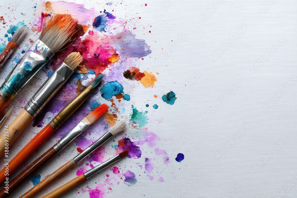 Fototapeta premium Watercolor art flat lay with paint brushes