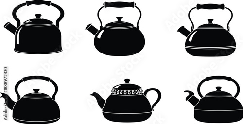 Kitchen Teapot and Kettle Silhouette Collection, Various Tea Pot Design Icons, Boiling Water Pot Graphic, CAD Drawing Flat Vector Illustration