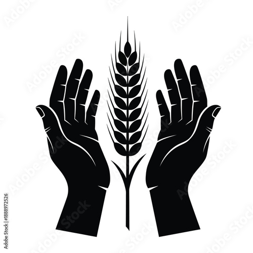 Vector illustration icon black silhouette of hands holding a wheat stalk symbolizing growth and harvest