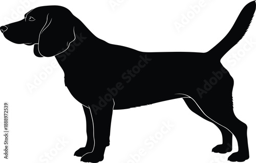 Beagle Dog Silhouette in Side View Profile, Standing Hound Pet Figure, Animal Canine Graphic, CAD Drawing Flat Vector Illustration Design Element Template