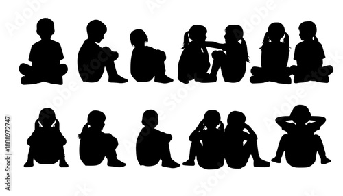 Silhouettes of children sitting in various poses, playful and relaxed, lifestyle illustration for friendship, childhood memories, and educational design