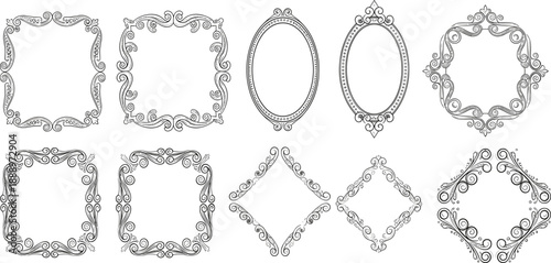 Set of 10 black-and-white ornate frames with swirling flourishes in square, oval, and diamond shapes for vintage design and vector illustration themes.