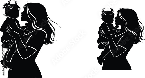Mother Holding Toddler Child Silhouette, Loving Mom and Baby Daughter, Flat Vector Illustration for Motherhood Parenting and Family Design Graphic
