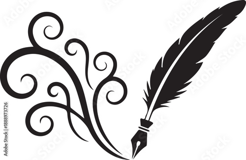 "Quill Pen Silhouette with Decorative Ink Swirls on White Background"