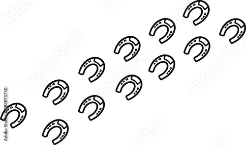 Vector Illustration Set of Horse Horseshoe Footprints and Hoof Tracks in Black Outline Style for Equestrian Design, Isolated on White