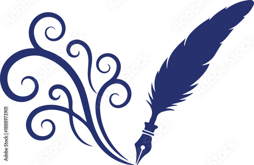 "Blue Quill Pen with Decorative Ink Swirls on White Background"