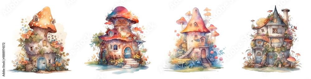 Obraz premium Whimsical watercolor fairytale houses set on a transparent background