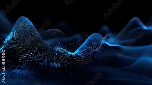 Futuristic blue digital waveform flowing across dark background representing high speed data transmission and fiber optic technology