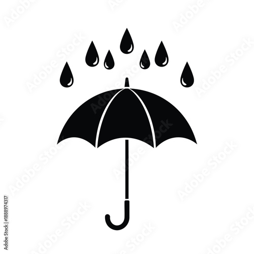 Vector illustration icon black silhouette of an umbrella with raindrops
