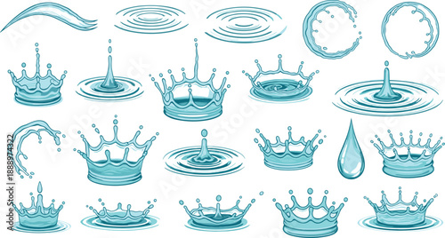 Vector set of blue water splash, drop, and ripple effects in various liquid crown shapes, cad drawing flat vector illustration, isolated.