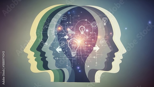 Multiple Silhouettes of Human Profiles with Connected Ideas and Lights