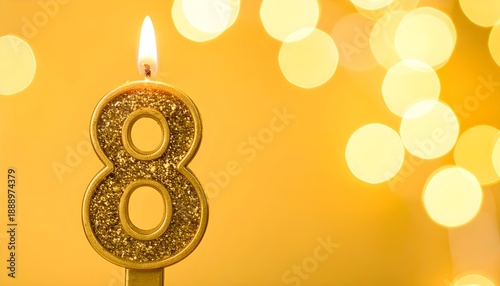 Eighth birthday celebration with glittery number eight candle and bokeh lights