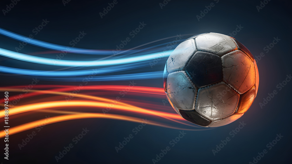 Fototapeta premium Soccer ball in motion with colorful light streaks