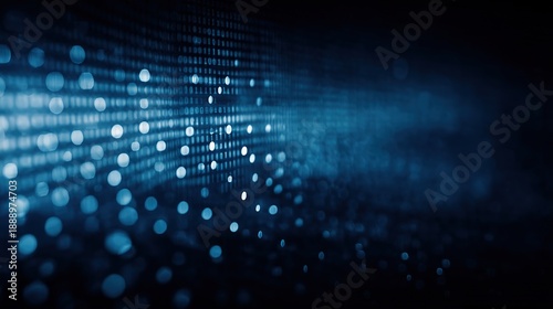 Dark blue digital background with soft bokeh and abstract binary code patterns. Futuristic cyber security or software development concept. Flowing data stream visualization with depth of field.