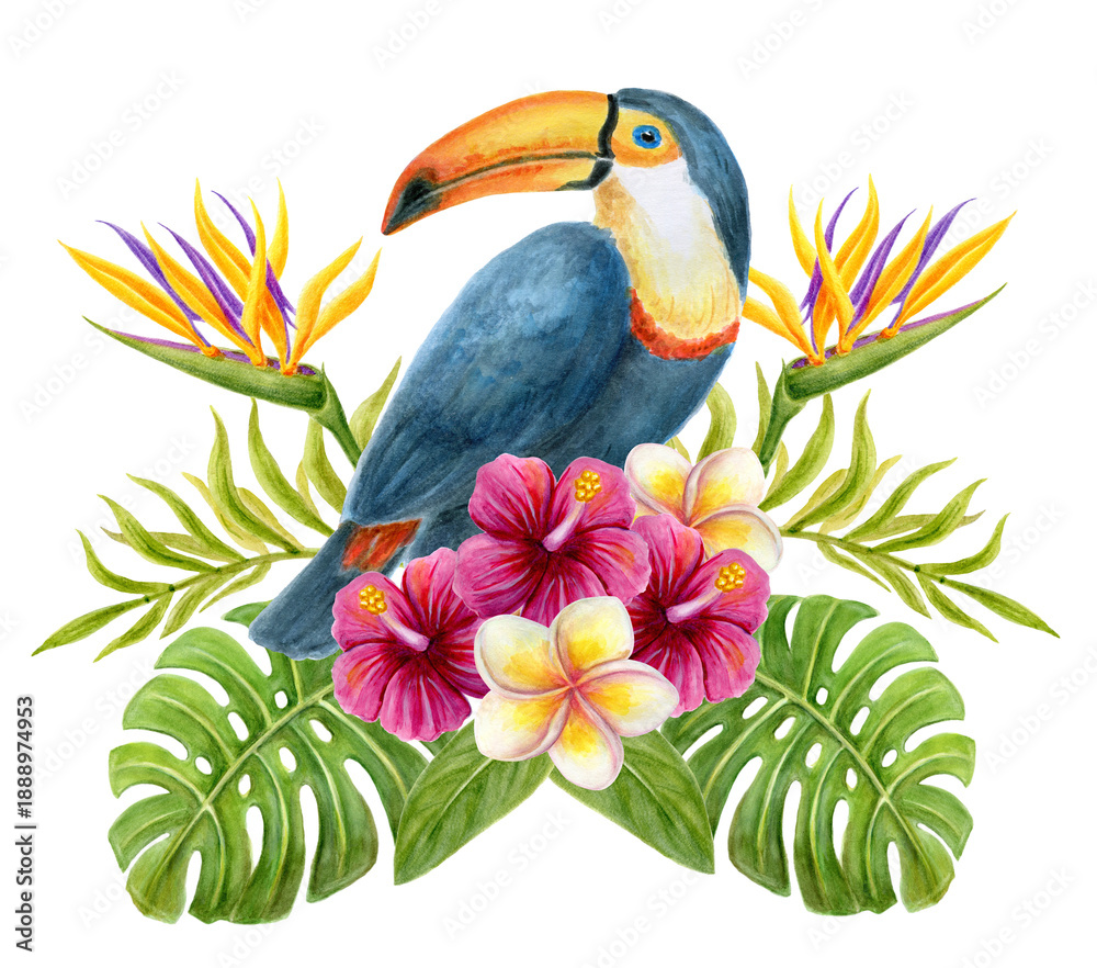 Fototapeta premium Toucan sits on branch in tropical flowers and lush greenery. Watercolor painting tropics composition consisting of hibiscus, plumeria and green palm leaves.
