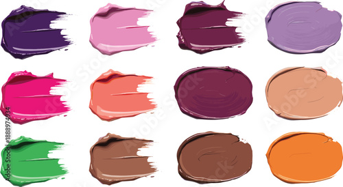 Colorful makeup cream and lipstick swatches in assorted shades with textured brush strokes on white background