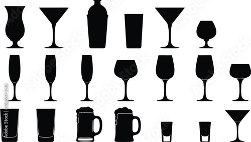 Alcohol drink glass silhouette vector set with cocktail wine beer and bar glassware shapes isolated on white for menu and logo design