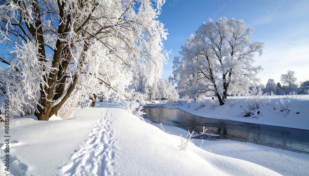 Obraz premium A serene winter landscape features frosted trees flanking a stream, with snow-covered banks and a clear blue sky above. Footprints lead towards the frozen water