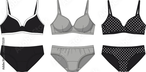 Women lingerie set illustration, bra and panties collection, flat vector underwear design, fashion apparel template, isolated, cad drawing flat vector illustration, art