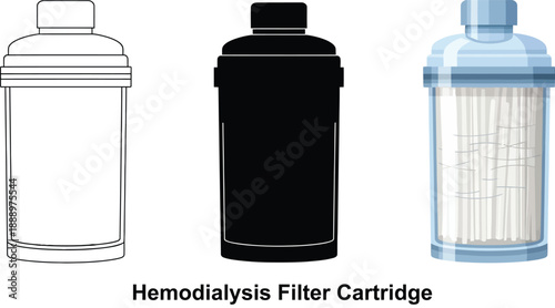 Set of three hemodialysis filter cartridges including outline solid black and detailed view with fibers isolated on white background for medical illustration